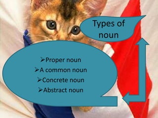 Types of
noun
Proper noun
A common noun
Concrete noun
Abstract noun