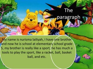 The
paragraph
My name is nurisma lailiyah, I have one brother
and now he is school at elementary school grade
5, my brother is really like a sport, he has much a
tools to play the sport, like a racket, ball, basket
ball, and etc.