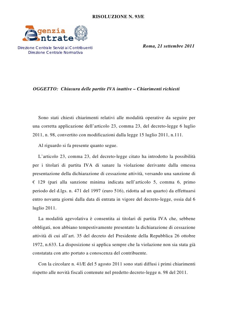 Risoluzione Chiusura Partita Iva