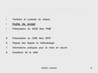 Plan de la présentation : Territoire et contexte du réseau Coûts du projet Présentation du SIGB libre PMB PAUSE Présentation du CMS libre SPIP Rappel des étapes et méthodologie Informations pratiques pour la mise en œuvre Questions de la salle 
