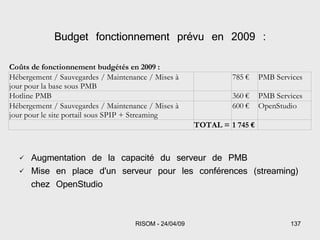 Budget fonctionnement prévu en 2009 : Augmentation de la capacité du serveur de PMB Mise en place d'un serveur pour les conférences (streaming) chez OpenStudio 