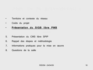 Plan de la présentation : Territoire et contexte du réseau Coûts du projet Présentation du SIGB libre PMB PAUSE Présentation du CMS libre SPIP Rappel des étapes et méthodologie Informations pratiques pour la mise en œuvre Questions de la salle 
