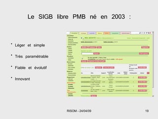 Le SIGB libre PMB né en 2003 : Léger et simple Très paramétrable Fiable et évolutif Innovant 