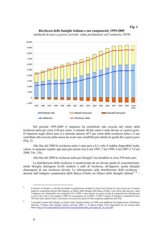 Fig. 1
                 Ricchezza delle famiglie italiane e sue componenti, 1995-2009
             (miliardi di euro a prezzi correnti; stime preliminari sul I semestre 2010)

    10.000


     9.000


     8.000


     7.000

     6.000


     5.000


     4.000


     3.000


     2.000


     1.000


        0


    -1.000
              1995   1996   1997    1998   1999   2000    2001    2002   2003      2004   2005   2006   2007   2008    2009   I-sem
                                                                                                                               2010

                       Attività reali                       Attività finanziarie                  Passività finanziarie

                       Abitazioni                           Ricchezza netta



         Nel periodo 1995-2009 il risparmio ha contribuito alla crescita del valore della
ricchezza netta per circa il 60 per cento, il restante 40 per cento è stato dovuto ai capital gains.
Il risparmio negli ultimi anni si è attestato attorno all’1 per cento della ricchezza netta e il suo
contributo alla crescita della stessa ha avuto una variabilità più ridotta di quella dei capital gains
(Fig. 2).
         Alla fine del 2009 la ricchezza netta è stata pari a 8,2 volte il reddito disponibile lordo,
valore, in aumento rispetto agli anni più recenti (era 6 nel 1995, 7 nel 1999, 8 nel 2007 e 7,8 nel
2008; Tav. 2A).
             Alla fine del 2009 la ricchezza netta per famiglia8 era stimabile in circa 350 mila euro.
       La distribuzione della ricchezza è caratterizzata da un elevato grado di concentrazione:
molte famiglie detengono livelli modesti o nulli di ricchezza; all’opposto, poche famiglie
dispongono di una ricchezza elevata. Le informazioni sulla distribuzione della ricchezza –
desunte dall’indagine campionaria della Banca d’Italia sui bilanci delle famiglie italiane9 10 –



8
         Il numero di famiglie è calcolato dividendo la popolazione residente di fonte Istat (escluse le convivenze) per il numero
         medio di componenti desunto dall’indagine sui bilanci delle famiglie della Banca d’Italia. I dati riferiti agli anni per i quali
         l’indagine non è disponibile sono interpolati. Per il 2009, è stato stimato un numero medio di componenti per famiglia pari
         a circa 2,48, in lieve calo rispetto al 2008. Di conseguenza, fra il 2008 e il 2009 il numero di famiglie è aumentato di circa
         340 mila unità. Queste stime si discostano lievemente da quelle di fonte anagrafica pubblicate dall’Istat.
9
         I principali risultati dell’indagine sui bilanci delle famiglie italiane sul 2008 sono pubblicati nel Supplemento al Bollettino
         Statistico “I bilanci delle famiglie italiane nell’anno 2008”, n. 8, Banca d’Italia, 2010, disponibile sul sito internet della
         Banca (http://www.bancaditalia.it/statistiche/indcamp/bilfait/boll_stat/suppl_08_10_corr.pdf).




             8
 