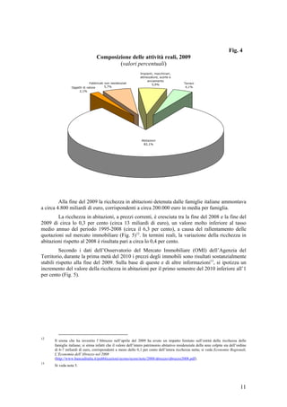 Fig. 4
                                     Composizione delle attività reali, 2009
                                             (valori percentuali)
                                                                Impianti, macchinari,
                                                                attrezzature, scorte e
                                                                     avviamento
                             Fabbricati non residenziali                                     Terreni
                                                                        5,9%
                 Oggetti di valore      5,7%                                                  4,1%
                      2,1%




                                                                Abitazioni
                                                                 82,1%




         Alla fine del 2009 la ricchezza in abitazioni detenuta dalle famiglie italiane ammontava
a circa 4.800 miliardi di euro, corrispondenti a circa 200.000 euro in media per famiglia.
        La ricchezza in abitazioni, a prezzi correnti, è cresciuta tra la fine del 2008 e la fine del
2009 di circa lo 0,3 per cento (circa 13 miliardi di euro), un valore molto inferiore al tasso
medio annuo del periodo 1995-2008 (circa il 6,3 per cento), a causa del rallentamento delle
quotazioni sul mercato immobiliare (Fig. 5)12. In termini reali, la variazione della ricchezza in
abitazioni rispetto al 2008 è risultata pari a circa lo 0,4 per cento.
         Secondo i dati dell’Osservatorio del Mercato Immobiliare (OMI) dell’Agenzia del
Territorio, durante la prima metà del 2010 i prezzi degli immobili sono risultati sostanzialmente
stabili rispetto alla fine del 2009. Sulla base di queste e di altre informazioni13, si ipotizza un
incremento del valore della ricchezza in abitazioni per il primo semestre del 2010 inferiore all’1
per cento (Fig. 5).




12
      Il sisma che ha investito l’Abruzzo nell’aprile del 2009 ha avuto un impatto limitato sull’entità della ricchezza delle
      famiglie italiane; si stima infatti che il valore dell’intero patrimonio abitativo residenziale delle aree colpite sia dell’ordine
      di 6-7 miliardi di euro, corrispondenti a meno dello 0,1 per cento dell’intera ricchezza netta; si veda Economie Regionali,
      L’Economia dell’Abruzzo nel 2008
      (http://www.bancaditalia.it/pubblicazioni/econo/ecore/note/2008/abruzzo/abruzzo2008.pdf).
13
      Si veda nota 5.




                                                                                                                                    11
 