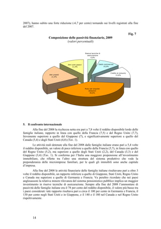 2007), hanno subito una forte riduzione (-6,7 per cento) tornando sui livelli registrati alla fine
del 2007.

                                                                                                                  Fig. 7
                      Composizione delle passività finanziarie, 2009
                                  (valori percentuali)


                                                              Riserve tecniche di
                                                                 assicurazione
                                                                     4,0%



                                        Altri conti passivi                    Debiti commerciali
                                              11,5%                                  10,0%



                                                                                             Credito al consumo
                       Altri prestiti                                                              12,6%
                          21,4%




                                                              Mutui per acquisto
                                                                  abitazioni
                                                                    40,6%




5. Il confronto internazionale
        Alla fine del 2008 la ricchezza netta era pari a 7,8 volte il reddito disponibile lordo delle
famiglie italiane, rapporto in linea con quello della Francia (7,5) e del Regno Unito (7,7),
lievemente superiore a quello del Giappone (7), e significativamente superiore a quello del
Canada (5,4) e degli Stati Uniti (4,8) (Tav. 1).
         Le attività reali detenute alla fine del 2008 dalle famiglie italiane erano pari a 5,4 volte
il reddito disponibile, un valore di poco inferiore a quello della Francia (5,7), in linea con quello
del Regno Unito (5,2), ma superiore a quello degli Stati Uniti (2,2), del Canada (3,3) e del
Giappone (3,4) (Tav. 1). Si conferma per l’Italia una maggiore propensione all’investimento
immobiliare, che riflette tra l’altro una struttura del sistema produttivo che vede la
preponderanza delle microimprese familiari, per le quali gli immobili sono anche capitale
d’impresa.
         Alla fine del 2008 le attività finanziarie delle famiglie italiane risultavano pari a oltre 3
volte il reddito disponibile, un rapporto inferiore a quello di Giappone, Stati Uniti, Regno Unito
e Canada ma superiore a quello di Germania e Francia. Va peraltro ricordato che nei paesi
anglosassoni la relativa minore rilevanza del sistema pensionistico pubblico implica un maggior
investimento in riserve tecniche di assicurazione. Sempre alla fine del 2008 l’ammontare di
passività delle famiglie italiane era il 78 per cento del reddito disponibile, il valore più basso tra
i paesi considerati: tale rapporto risultava pari a circa il 100 per cento in Germania e Francia, il
130 per cento negli Stati Uniti e in Giappone, e il 140 e il 180 nel Canada e nel Regno Unito
rispettivamente.




        14
 