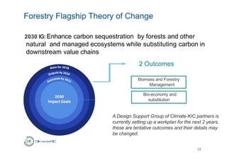 2030 IG: Enhance carbon sequestration by forests and other
natural and managed ecosystems while substituting carbon in
downstream value chains
Forestry Flagship Theory of Change
13
Biomass and Forestry
Management
Bio-economy and
substitution
2 Outcomes
A Design Support Group of Climate-KIC partners is
currently setting up a workplan for the next 2 years,
these are tentative outcomes and their details may
be changed.
 