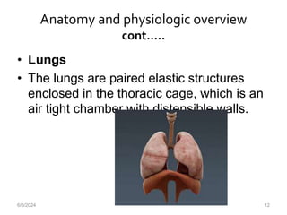 Anatomy and physiologic overview
cont.….
• Lungs
• The lungs are paired elastic structures
enclosed in the thoracic cage, which is an
air tight chamber with distensible walls.
6/6/2024 12
 