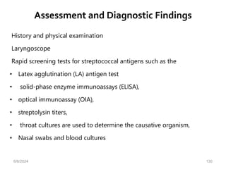Assessment and Diagnostic Findings
History and physical examination
Laryngoscope
Rapid screening tests for streptococcal antigens such as the
• Latex agglutination (LA) antigen test
• solid-phase enzyme immunoassays (ELISA),
• optical immunoassay (OIA),
• streptolysin titers,
• throat cultures are used to determine the causative organism,
• Nasal swabs and blood cultures
6/6/2024 130
 