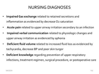 NURSING DIAGNOSES
• Impaired Gas exchange related to retained secretions and
inflammation as evidenced by decrease O2 saturation
• Acute pain related to upper airway irritation secondary to an infection
• Impaired verbal communication related to physiologic changes and
upper airway irritation as evidenced by aphonia
• Deficient fluid volume related to increased fluid loss as evidenced by
tachycardia, decrease BP and poor skin turgor
• Deficient knowledge regarding prevention of upper respiratory
infections, treatment regimen, surgical procedure, or postoperative care
6/6/2024 152
 