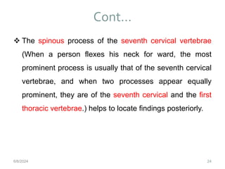 Cont…
24
 The spinous process of the seventh cervical vertebrae
(When a person flexes his neck for ward, the most
prominent process is usually that of the seventh cervical
vertebrae, and when two processes appear equally
prominent, they are of the seventh cervical and the first
thoracic vertebrae.) helps to locate findings posteriorly.
6/6/2024
 