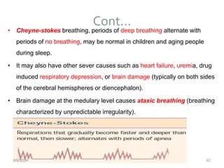 Cont…
62
• Cheyne-stokes breathing, periods of deep breathing alternate with
periods of no breathing, may be normal in children and aging people
during sleep.
• It may also have other sever causes such as heart failure, uremia, drug
induced respiratory depression, or brain damage (typically on both sides
of the cerebral hemispheres or diencephalon).
• Brain damage at the medulary level causes ataxic breathing (breathing
characterized by unpredictable irregularity).
6/6/2024
 