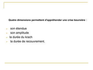 Quatre dimensions permettent d'appréhender une crise boursière :
 son étendue
 son amplitude
 la durée du krach
 la durée de recouvrement.
 