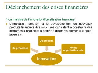 Déclenchement des crises financières
1-La maitrise de l’innovation/libéralisation financière:
 L’innovation: création et le développement de nouveaux
produits financiers dits structurés consistant à construire des
instruments financiers à partir de différents éléments « sous-
jacents ».
innovation
De processus
De produits
Forme
organisationnelle
 