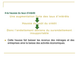 4-la hausse du taux d’intérêt
Une augmentation forte des taux d’intérêts
Hausse du coût du crédit
Donc l’endettement deviens du surendettement
insupportable
 Cette hausse fait baisser les revenus des ménages et des
entreprises ainsi la baisse des activités économiques.
 