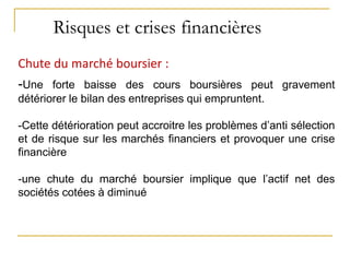 Risques et crises financières
Chute du marché boursier :
-Une forte baisse des cours boursières peut gravement
détériorer le bilan des entreprises qui empruntent.
-Cette détérioration peut accroitre les problèmes d’anti sélection
et de risque sur les marchés financiers et provoquer une crise
financière
-une chute du marché boursier implique que l’actif net des
sociétés cotées à diminué
 