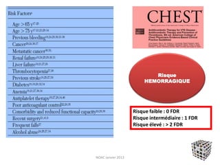 Risque
                        HEMORRAGIQUE




                    Risque faible : 0 FDR
                    Risque intermédiaire : 1 FDR
                    Risque élevé : > 2 FDR




NOAC Janvier 2013
 