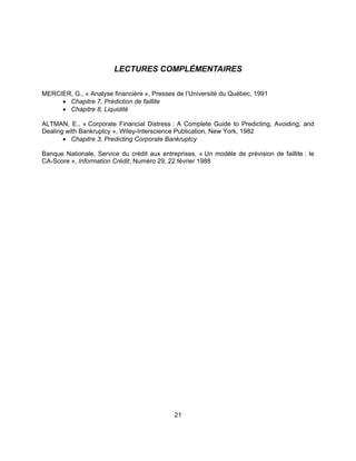 21
LECTURES COMPLÉMENTAIRES
MERCIER, G., « Analyse financière », Presses de l’Université du Québec, 1991
• Chapitre 7, Prédiction de faillite
• Chapitre 8, Liquidité
ALTMAN, E., « Corporate Financial Distress : A Complete Guide to Predicting, Avoiding, and
Dealing with Bankruptcy », Wiley-Interscience Publication, New York, 1982
• Chapitre 3, Predicting Corporate Bankruptcy
Banque Nationale, Service du crédit aux entreprises, « Un modèle de prévision de faillite : le
CA-Score », Information Crédit, Numéro 29, 22 février 1988
 