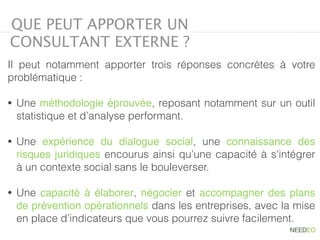 QUE PEUT APPORTER UN
CONSULTANT EXTERNE ?
Il peut notamment apporter trois réponses concrètes à votre
problématique :
• Une méthodologie éprouvée, reposant notamment sur un outil
statistique et d’analyse performant.
• Une expérience du dialogue social, une connaissance des
risques juridiques encourus ainsi qu’une capacité à s'intégrer
à un contexte social sans le bouleverser.
• Une capacité à élaborer, négocier et accompagner des plans
de prévention opérationnels dans les entreprises, avec la mise
en place d’indicateurs que vous pourrez suivre facilement.
 