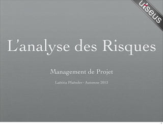 L’analyse des Risques
Management de Projet
Laëtitia Pfaënder·Automne 2013
1
 
