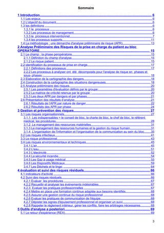 Sommaire
1 Introduction.......................................................................................................................... 6
1.1 Les enjeux..................................................................................................................................... 6
1.2 L'objectif du document...................................................................................................................6
1.3 les définitions ................................................................................................................................6
1.3.1 le processus ..........................................................................................................................6
1.3.2 Les processus de management..............................................................................................6
1.3.3 le processus interventionnel.................................................................................................. 7
1.3.4 les processus supports......................................................................................................... 11
1.4 La méthodologie : une démarche d'analyse préliminaire de risque (APR)................................. 13
2 Analyse Préliminaire des Risques de la prise en charge du patient au bloc
OPERATOIRE........................................................................................................................ 15
2.1 Le champ : la phase peropératoire..............................................................................................15
2.1.1 Définition du champ d'analyse..............................................................................................15
2.1.2 Le risque patient................................................................................................................... 15
2.2 identification du processus de prise en charge........................................................................... 17
2.2.1 Définitions des processus:....................................................................................................17
2.2.2 Les processus à analyser ont été décomposés pour l'analyse de risque en phases et
sous- phases :............................................................................................................................... 18
2.3 Elaboration de la cartographie des dangers................................................................................18
2.4 Construction de la cartographie des situations dangereuses..................................................... 18
2.5 Analyse préliminaire des risques.................................................................................................20
2.5.1 Les paramètres d'évaluation définis par le groupe:.............................................................. 20
2.5.2 La matrice de criticité retenue par le groupe : ..................................................................... 20
2.5.3 Les deux APR par dangers et par phases............................................................................21
2.6 Présentation des résultats d’analyse...........................................................................................21
2.6.1 Résultats de l’APR par nature de danger............................................................................. 22
2.6.2 Résultats des APR par phase...............................................................................................24
3 Gestion et prévention des risques................................................................................... 27
3.1 Les risques organisationnels.......................................................................................................27
3.1.1 Les indispensables = le conseil de bloc, la charte de bloc, le chef de bloc, le référent
médical, les procédures.................................................................................................................28
3.1.2 Le management des ressources matérielles.......................................................................31
3.1.3 Le management des ressources humaines et la gestion du risque humain.........................31
3.1.4 L'organisation de l'information et l'organisation de la communication au sein du bloc........35
3.2 Les risques infectieux..................................................................................................................41
3.3 Le risque professionnel............................................................................................................... 43
3.4 Les risques environnementaux et techniques.............................................................................45
3.4.1 L'air....................................................................................................................................... 45
3.4.2 L'eau..................................................................................................................................... 51
3.4.3 L'électricité............................................................................................................................ 52
3.4.4 La sécurité incendie..............................................................................................................54
3.4.5 Les Gaz à usage médical..................................................................................................... 55
3.4.6 Les Dispositifs Médicaux...................................................................................................... 59
3.4.7 Les Déchets et le linge: ....................................................................................................... 64
4 évaluation et suivi des risques résiduels........................................................................ 66
4.1 indicateurs d'activité ................................................................................................................... 66
4.2 Suivi des risques résiduels..........................................................................................................66
4.2.1 Evaluer les procédures ....................................................................................................... 67
4.2.2 Recueillir et analyser les événements indésirables..............................................................67
4.2.3 Evaluer les pratiques professionnelles ............................................................................... 67
4.2.4 Mettre en place une formation continue adaptée aux besoins identifiés..............................68
4.2.5 Assurer une gestion continue du risque professionnel ........................................................68
4.2.6 Evaluer les pratiques de communication de l'équipe............................................................68
4.2.7 Dépister les signes d'épuisement professionnel et organiser un suivi................................. 68
4.2.8 Rappeler le règlement intérieur, gérer les conflits, faire les arbitrages nécessaires............ 68
5 Outils d'analyse a posteriori............................................................................................. 69
5.1 Le retour d'expérience (REX)......................................................................................................69
3
 