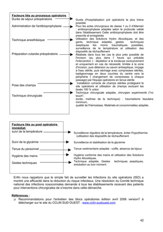 Durée d'hospitalisation pré opératoire la plus brève
possible
Pour les actes chirurgicaux de classe 1 ou 2 d'Altemeir
: antibioprophylaxie adaptée selon le protocole validé
dans l'établissement Cette antibioprophylaxie doit être
prescrite et enregistrée
Utilisation des Solutions Hydro Alcooliques, et des
gants, technique adaptée, gestes techniques
aseptiques les moins traumatiques possibles,
surveillance de la température et utilisation des
dispositifs de réchauffement
Réalisée dans tous les cas le plus prés possible de
l'incision (au plus dans l' heure qui précède
l'intervention ) : dépilation à la tondeuse exclusivement
et uniquement en cas de nécessité, limitée à la zone
d'incision, puis détersion au savon antiseptique, rinçage
à l'eau stérile, puis séchage avec compresses stériles,
badigeonnage en deux couches du centre vers la
périphérie ( changement de compresses à chaque
passage) par l'équipe opératoire en tenue stérile
Installation correcte de champs stériles protégeant le
site opératoire et utilisation de champs excluant les
tissés 100 % coton
Technique chirurgicale adaptée, chirurgien expérimenté ("no
touch",
durée, maîtrise de la technique) : traumatisme tissulaire
minimum,
qualité de l'hémostase. Matériels et consommables adaptés.
Surveillance régulière de la température, éviter l'hypothermie
(utilisation des dispositifs de réchauffement
Surveillance et stabilisation de la glycémie
Tenue vestimentaire adaptée : coiffe, absence de bijoux
Hygiène conforme des mains et utilisation des Solutions
Hydro Alcooliques,
Technique adaptée, Gestes techniques aseptiques,
extubation au bon moment
Enfin nous rappelons que le simple fait de surveiller les Infections du site opératoire (ISO) a
montré une efficacité dans la réduction du risque infectieux. Une résolution du Comité technique
national des infections nosocomiales demande à tous les établissements recevant des patients
pour interventions chirurgicales de s’inscrire dans cette démarche.
Références :
 Recommandations pour l'entretien des blocs opératoires édition avril 2006 version7 à
télécharger sur le site du CCLIN SUD OUEST : www.cclin-sudouest.com
Facteurs liés au post opératoire
immédiat:
suivi de la température
Suivi de la glycémie
Tenue du personnel
Hygiène des mains
Gestes techniques
Facteurs liés au processus opératoire
Durée de séjour préopératoire
Administration de l'antibioprophylaxie
Technique anesthésique
Préparation cutanée préopératoire
Pose des champs
Technique chirurgicale
42
 
