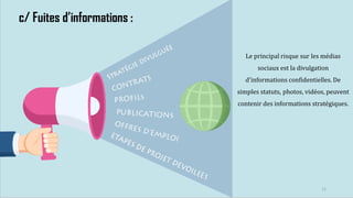 11
c/ Fuites d’informations :
Le principal risque sur les médias
sociaux est la divulgation
d'informations confidentielles. De
simples statuts, photos, vidéos, peuvent
contenir des informations stratégiques.
 