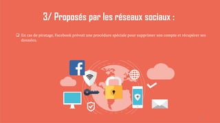 25
3/ Proposés par les réseaux sociaux :
 En cas de piratage, Facebook prévoit une procédure spéciale pour supprimer son compte et récupérer ses
données.
 