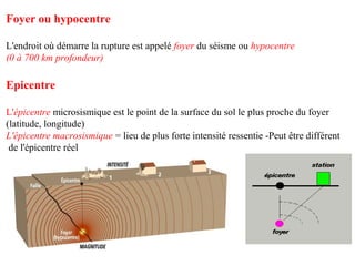 Foyer ou hypocentre
L'endroit où démarre la rupture est appelé foyer du séisme ou hypocentre
(0 à 700 km profondeur)

Epicentre
L'épicentre microsismique est le point de la surface du sol le plus proche du foyer
(latitude, longitude)
L'épicentre macrosismique = lieu de plus forte intensité ressentie -Peut être différent
de l'épicentre réel

 