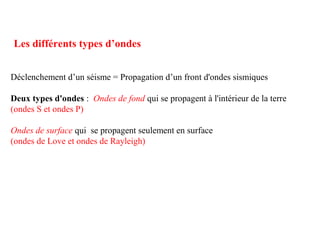 Les différents types d’ondes
Déclenchement d’un séisme = Propagation d’un front d'ondes sismiques
Deux types d'ondes : Ondes de fond qui se propagent à l'intérieur de la terre
(ondes S et ondes P)
Ondes de surface qui se propagent seulement en surface
(ondes de Love et ondes de Rayleigh)

 