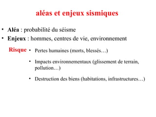 aléas et enjeux sismiques
• Aléa : probabilité du séisme
• Enjeux : hommes, centres de vie, environnement
Risque • Pertes humaines (morts, blessés…)
• Impacts environnementaux (glissement de terrain,
pollution…)
• Destruction des biens (habitations, infrastructures…)

 