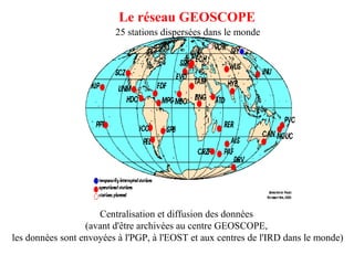 Le réseau GEOSCOPE
25 stations dispersées dans le monde

Centralisation et diffusion des données
(avant d'être archivées au centre GEOSCOPE,
les données sont envoyées à l'PGP, à l'EOST et aux centres de l'IRD dans le monde)

 