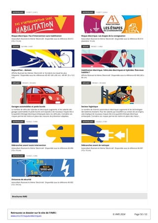 AUTOCOLLANT 11/2017 | A 813
Risque électrique. Pas d'intervention sans habilitation
Autocollant illustrant le thème 'Electricité'. Disponible sous la référence AK 813
(10 x 13 cm)
AUTOCOLLANT 11/2017 | A 814
Risque électrique. Les étapes de la consignation
Autocollant illustrant le thème 'Electricité'. Disponible sous la référence AK 814
(diamètre 14 cm)
AFFICHE 03/1996 | A 401
Aujourd'hui... demain
Affiche illustrant les thèmes 'Electricité' et 'Accidents du travail les plus
fréquents'. Disponible sous les références AD 401 (60 x 80 cm) - AR 401 (9 x 13,5
cm)
AFFICHE 09/2021 | A 862
Habilitation électrique. Véhicules électriques et hybrides. Êtes-vous
habilité ?
Affiche illustrant le thème 'Electricité'. Disponible sous la référence AD 862 (60 x
80 cm)
DÉPLIANT 09/2021 | ED 6423
Garages automobiles et poids lourds
Le nombre de véhicules hybrides et électriques augmente, et les salariés des
garages automobiles et poids lourds sont exposés à de nouveaux risques liés à
la quantité d'énergie électrique embarquée dans ces véhicules. Connaître ces
risques permet de mettre en place des mesures de prévention adaptées.
DÉPLIANT 09/2021 | ED 6424
Secteur logistique
Le nombre de chariots automoteurs électriques augmente et les technologies
des batteries évoluent. Pour les salariés qui travaillent au contact de ces engins,
cela implique de nouveaux risques liés à la quantité d'énergie électrique
embarquée. Connaître ces risques permet de mettre en place des mesur...
AUTOCOLLANT 12/2022 | A 890
Débranchez avant toute intervention
Autocollant illustrant le thème 'Electricité'. Disponible sous la référence AK 890
(10 x 10 cm)
AUTOCOLLANT 12/2022 | A 891
Débranchez avant de nettoyer
Autocollant illustrant le thème 'Electricité'. Disponible sous la référence AK 891
(10 x 10 cm)
AUTOCOLLANT 12/2022 | A 892
Distances de sécurité
Autocollant illustrant le thème 'Electricité'. Disponible sous la référence AK 892
(13 x 18 cm)
Brochures INRS
Retrouvez ce dossier sur le site de l'INRS :
www.inrs.fr/risques/electriques
© INRS 2024 Page 50 / 53
 