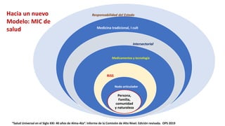 “Salud Universal en el Siglo XXI: 40 años de Alma-Ata”. Informe de la Comisión de Alto Nivel. Edición revisada. OPS 2019
Responsabilidad del Estado
Medicina tradicional, I cult
Intersectorial
Medicamentos y tecnología
RISS
Nodo articulador
Persona,
Familia,
comunidad
y naturaleza
Hacia un nuevo
Modelo: MIC de
salud
 