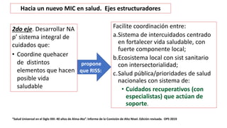 Facilite coordinación entre:
a.Sistema de intercuidados centrado
en fortalecer vida saludable, con
fuerte componente local;
b.Ecosistema local con sist sanitario
con intersectorialidad;
c.Salud pública/prioridades de salud
nacionales con sistema de:
• Cuidados recuperativos (con
especialistas) que actúan de
soporte.
“Salud Universal en el Siglo XXI: 40 años de Alma-Ata”. Informe de la Comisión de Alto Nivel. Edición revisada. OPS 2019
propone
que RISS:
Hacia un nuevo MIC en salud. Ejes estructuradores
2do eje. Desarrollar NA
p’ sistema integral de
cuidados que:
• Coordine quehacer
de distintos
elementos que hacen
posible vida
saludable
 
