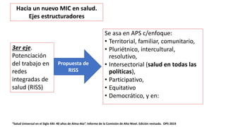 Se asa en APS c/enfoque:
• Territorial, familiar, comunitario,
• Pluriétnico, intercultural,
resolutivo,
• Intersectorial (salud en todas las
políticas),
• Participativo,
• Equitativo
• Democrático, y en:
“Salud Universal en el Siglo XXI: 40 años de Alma-Ata”. Informe de la Comisión de Alto Nivel. Edición revisada. OPS 2019
3er eje.
Potenciación
del trabajo en
redes
integradas de
salud (RISS)
Propuesta de
RISS
Hacia un nuevo MIC en salud.
Ejes estructuradores
 