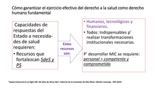 Cómo garantizar el ejercicio efectivo del derecho a la salud como derecho
humano fundamental
• Humanos, tecnológicos y
financieros.
• Todos: Indispensables p’
realizar transformaciones
institucionales necesarias.
P’ desarrollar MIC se requiere:
personal = competente y
comprometido
“Salud Universal en el Siglo XXI: 40 años de Alma-Ata”. Informe de la Comisión de Alto Nivel. Edición revisada. OPS 2019
Capacidades de
respuestas del
Estado a necesida-
des de salud
requieren:
• Recursos que
fortalezcan SdeS y
PS
Estos
recursos
son:
 