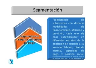 Segmentación
      • “coexistencia            de
        subsistemas con distintas
        modalidades              de
        financiamiento, afiliación y
        provisión, cada uno de
        ellos ‘especializado’” en
        diferentes estratos de la
        población de acuerdo a su
        inserción laboral, nivel de
        ingreso, capacidad de
        pago, y posición social.
        (Organización Panamericana de la Salud. Salud en
        las Américas 2007. Vol. I, p. 319, Washington, DC:
        OPS; 2007).
 