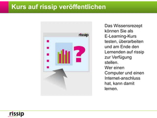 Kurs auf rissip veröffentlichenDas Wissensrezept können Sie alsE-Learning-Kurs testen, überarbeitenund am Ende den Lernenden auf rissip zur Verfügung stellen.Wer einen Computer und einen Internet-anschluss hat, kann damit lernen.