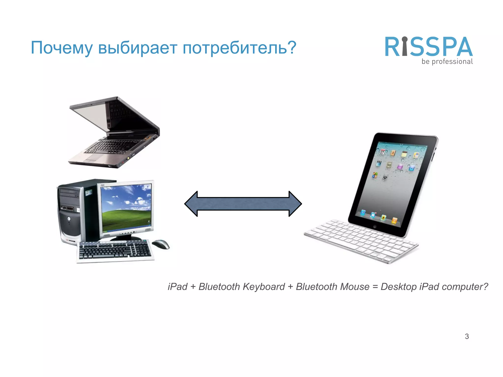 Почему выбирает потребитель?




              iPad + Bluetooth Keyboard + Bluetooth Mouse = Desktop iPad computer?



                                                                             3
 