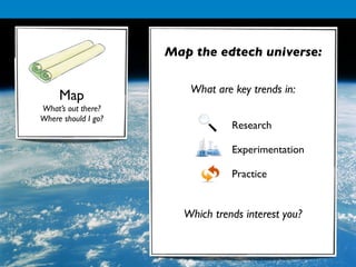 Map the edtech universe:

                        What are key trends in:
     Map
What’s out there?
Where should I go?
                                 Research

                                 Experimentation

                                 Practice


                       Which trends interest you?
 
