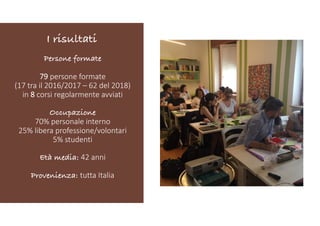 Persone formate
79 persone formate
(17 tra il 2016/2017 – 62 del 2018)
in 8 corsi regolarmente avviati
Occupazione
70% personale interno
25% libera professione/volontari
5% studenti
Età media: 42 anni
Provenienza: tutta Italia
I risultati
 