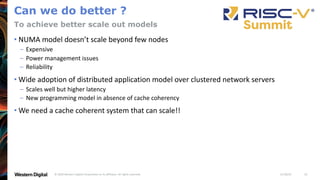 11/18/20
© 2020 Western Digital Corporation or its affiliates. All rights reserved. 10
Can we do better ?
• NUMA model doesn’t scale beyond few nodes
– Expensive
– Power management issues
– Reliability
• Wide adoption of distributed application model over clustered network servers
– Scales well but higher latency
– New programming model in absence of cache coherency
• We need a cache coherent system that can scale!!
To achieve better scale out models
 