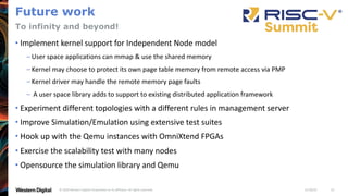 11/18/20
© 2020 Western Digital Corporation or its affiliates. All rights reserved. 23
Future work
• Implement kernel support for Independent Node model
– User space applications can mmap & use the shared memory
– Kernel may choose to protect its own page table memory from remote access via PMP
– Kernel driver may handle the remote memory page faults
– A user space library adds to support to existing distributed application framework
• Experiment different topologies with a different rules in management server
• Improve Simulation/Emulation using extensive test suites
• Hook up with the Qemu instances with OmniXtend FPGAs
• Exercise the scalability test with many nodes
• Opensource the simulation library and Qemu
To infinity and beyond!
 