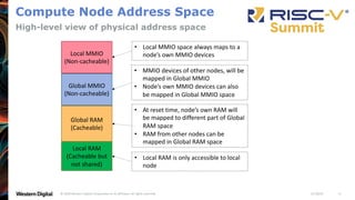 11/18/20
© 2020 Western Digital Corporation or its affiliates. All rights reserved. 6
Compute Node Address Space
High-level view of physical address space
Local MMIO
(Non-cacheable)
Global RAM
(Cacheable)
Global MMIO
(Non-cacheable)
• At reset time, node’s own RAM will
be mapped to different part of Global
RAM space
• RAM from other nodes can be
mapped in Global RAM space
• Local MMIO space always maps to a
node’s own MMIO devices
• MMIO devices of other nodes, will be
mapped in Global MMIO
• Node’s own MMIO devices can also
be mapped in Global MMIO space
Local RAM
(Cacheable but
not shared)
• Local RAM is only accessible to local
node
 