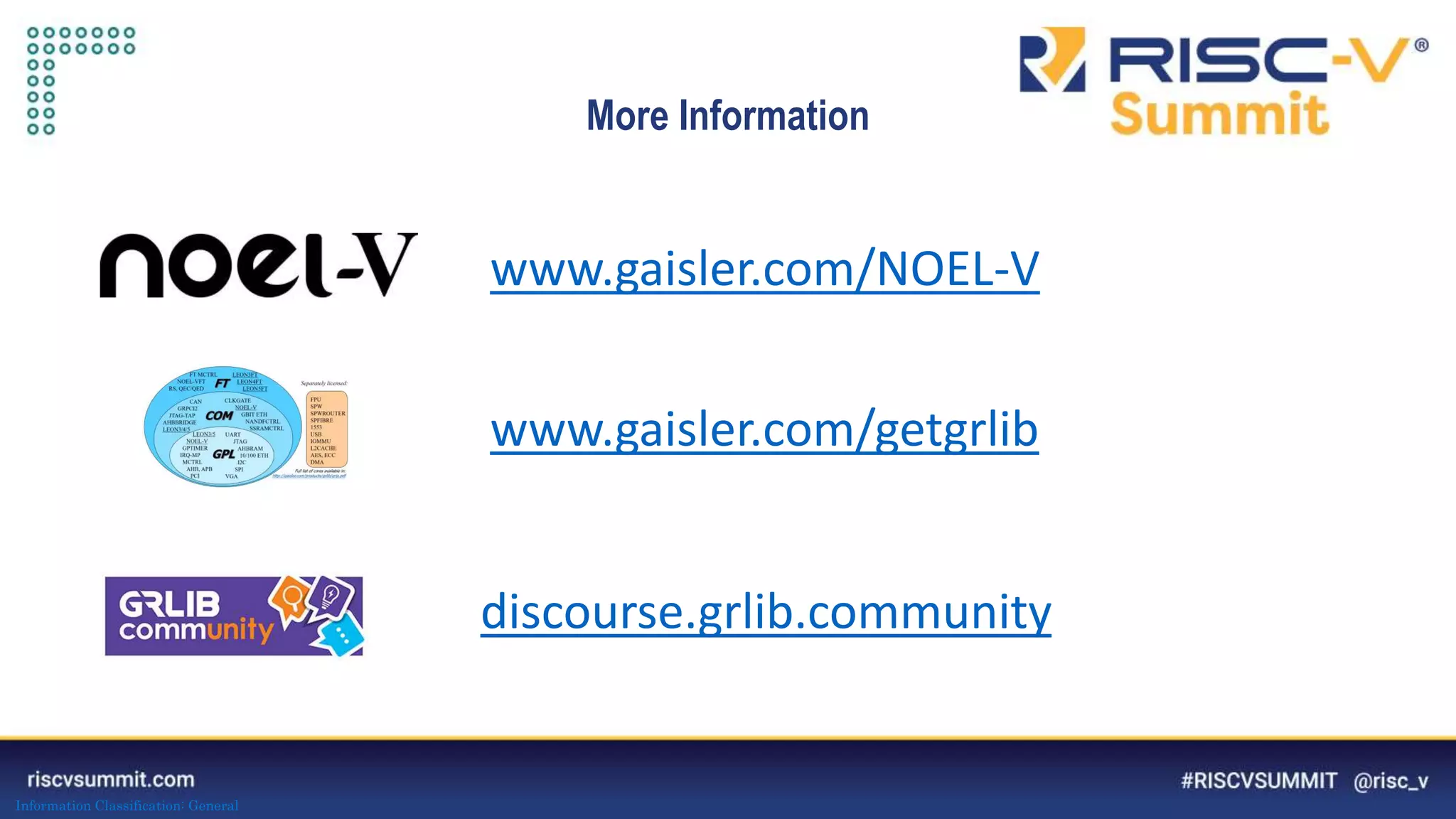 Information Classification: General
More Information
www.gaisler.com/NOEL-V
www.gaisler.com/getgrlib
discourse.grlib.community
 