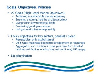 Goals, Objectives, Policies
• 22 Goals (High Level Marine Objectives):
   •   Achieving a sustainable marine economy
   • ...