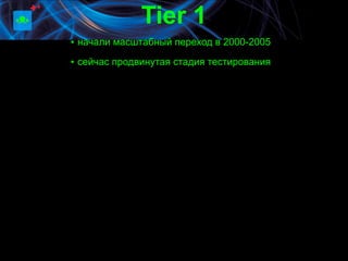 Tier 1
▪ начали масштабный переход в 2000-2005
▪ сейчас продвинутая стадия тестирования
 