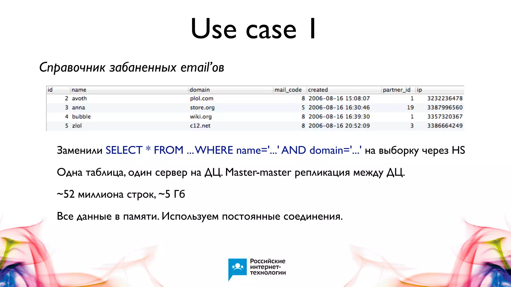 Use case 1
Справочник забаненных email’ов

Заменили SELECT * FROM ... WHERE name='...' AND domain='...' на выборку через HS
Одна таблица, один сервер на ДЦ. Master-master репликация между ДЦ.
~52 миллиона строк, ~5 Гб
Все данные в памяти. Используем постоянные соединения.

 