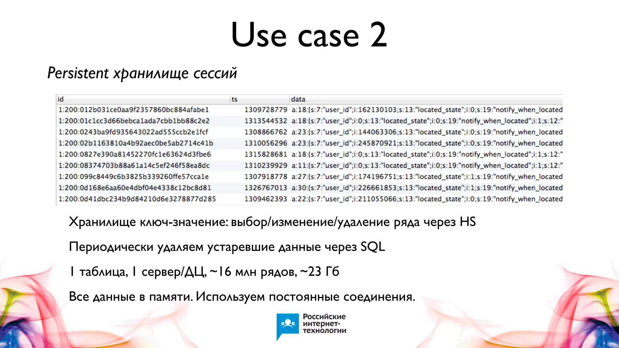 Use case 2
Persistent хранилище сессий

Хранилище ключ-значение: выбор/изменение/удаление ряда через HS
Периодически удаляем устаревшие данные через SQL
1 таблица, 1 сервер/ДЦ, ~16 млн рядов, ~23 Гб
Все данные в памяти. Используем постоянные соединения.

 